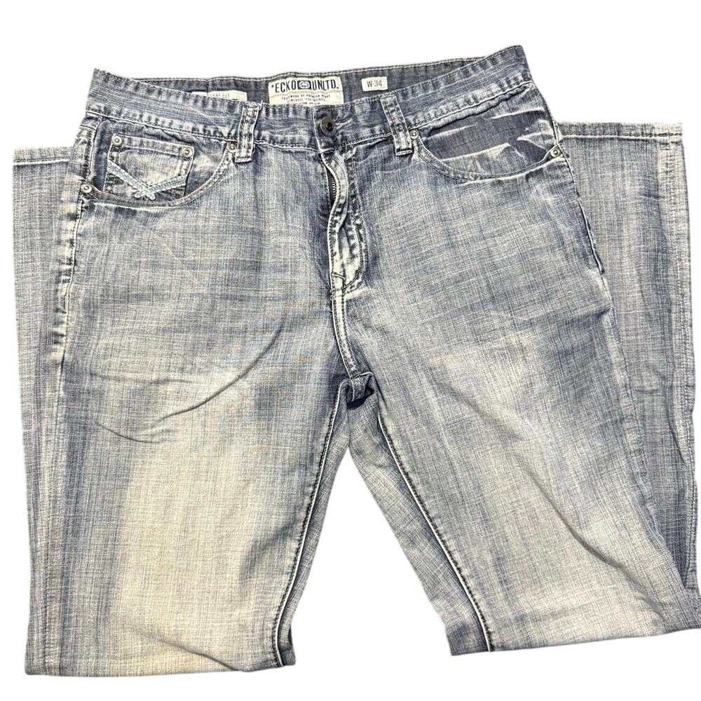 Y2K Ecko Unltd Bootcut Jeans Men’s 34 Gray Blue Wash Baggy - Picture 2 of 8